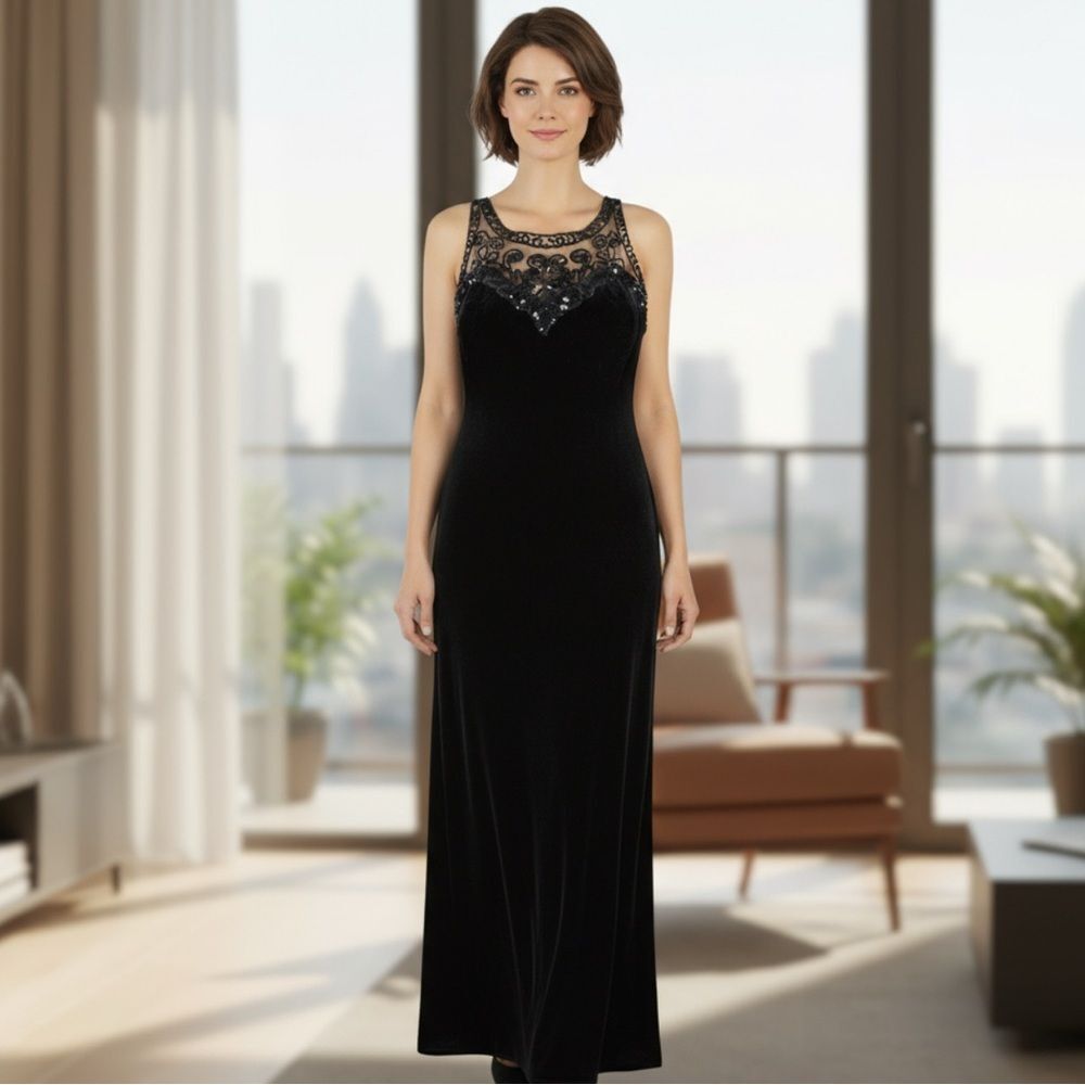 🔴 Black Stretch Velvet Gown with Sequin Mesh Embellishments